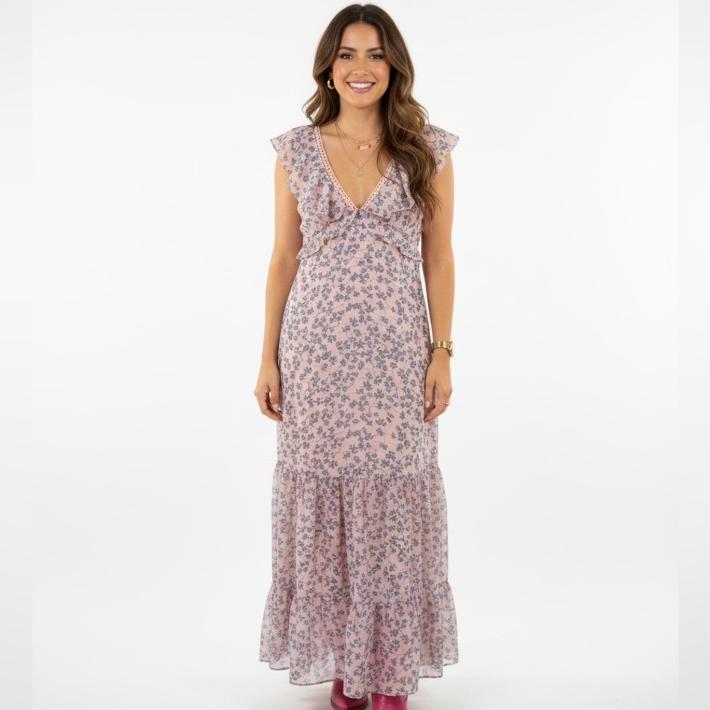 LULUs PINK FLORAL MAXI COWGIRL DRESS